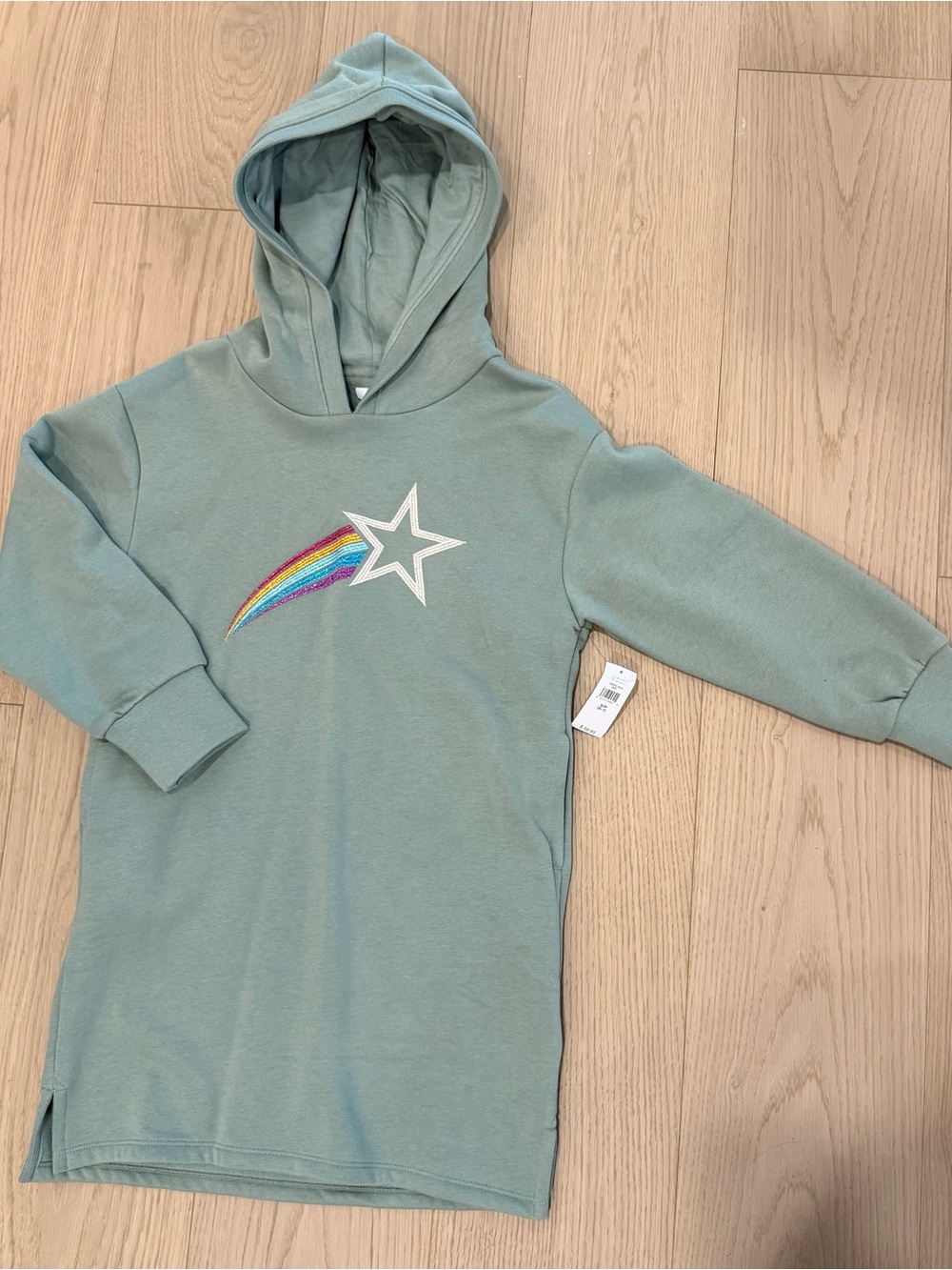 Kids Green Hooded Sweatshirt Dress with Star & Rainbow